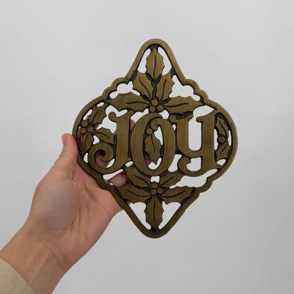 Vintage JOY Cast Iron Christmas Trivet Holly Brass Finish Wall Decor 8.5in